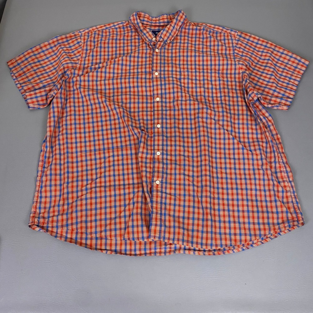 Basic Editions Button Up Shirt Mens Size 4XL Short Sleeve Plaid Red Blue *Flaws*